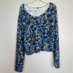 Pilcro Anthro Women Sweater XL Blue Floral Fuzzy Eyelash Knit Abstract Boho